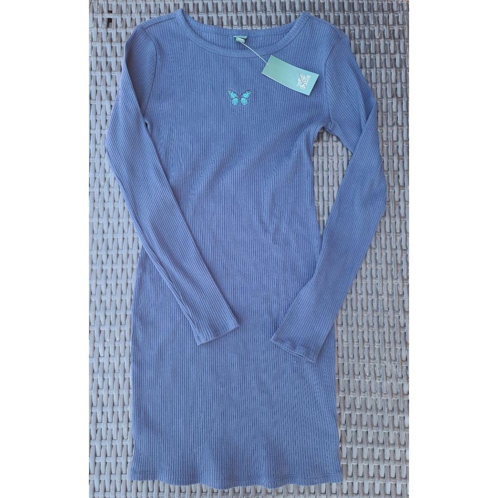 Wild Fable Dress Blue Long Sleeve Ribbed Butterfly